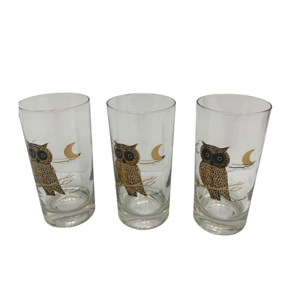 3 Vintage Couroc Owl Crescent Moon MCM Highball‎ Glasses Barware - Picture 2 of 7